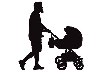 Man (father) walking with baby carriage silhouette, vector