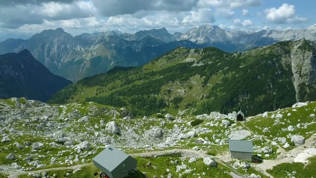 Aerial: Triglav national park in Slovenia, Seven lakes valley, cottage at Prehodavci at height of 2071 meters.