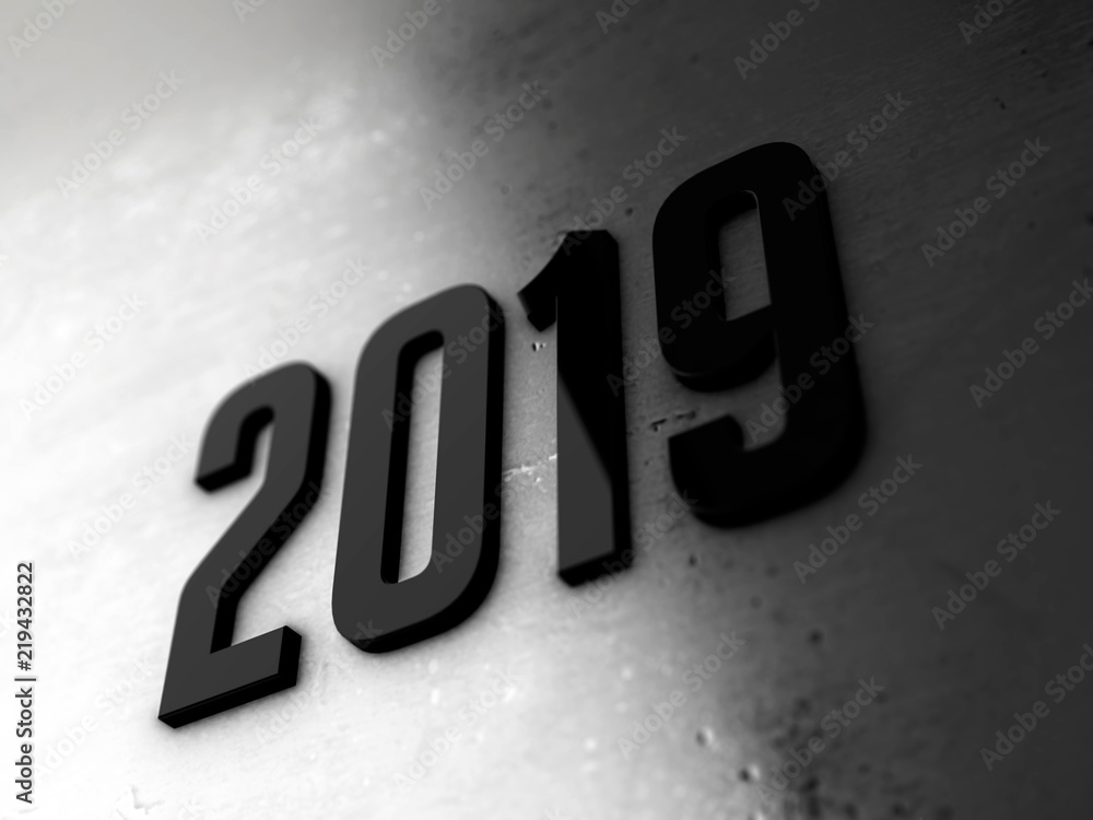 Fototapete 2019 new year text on metallic shiny background 3d rendered with depth of field