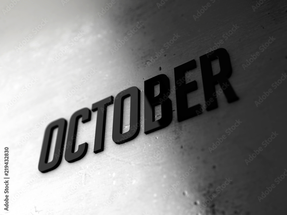 Fototapete october text word on metallic shiny background 3d rendered with depth of field