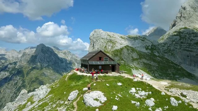 Aerial: Triglav national park in Slovenia, Seven lakes valley, cottage at Prehodavci at height of 2071 meters.