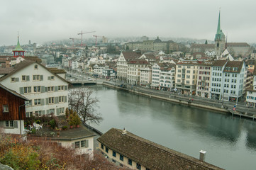 Fototapeta na wymiar Zurich panorama view, river, tower, fog