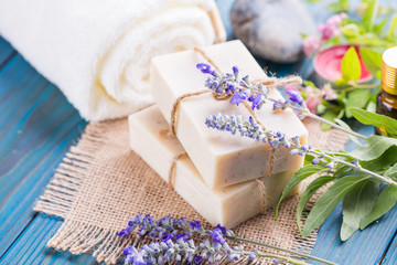 Obraz na płótnie Canvas Handmade soap bars. Homemade Soap with Lavender Flowers