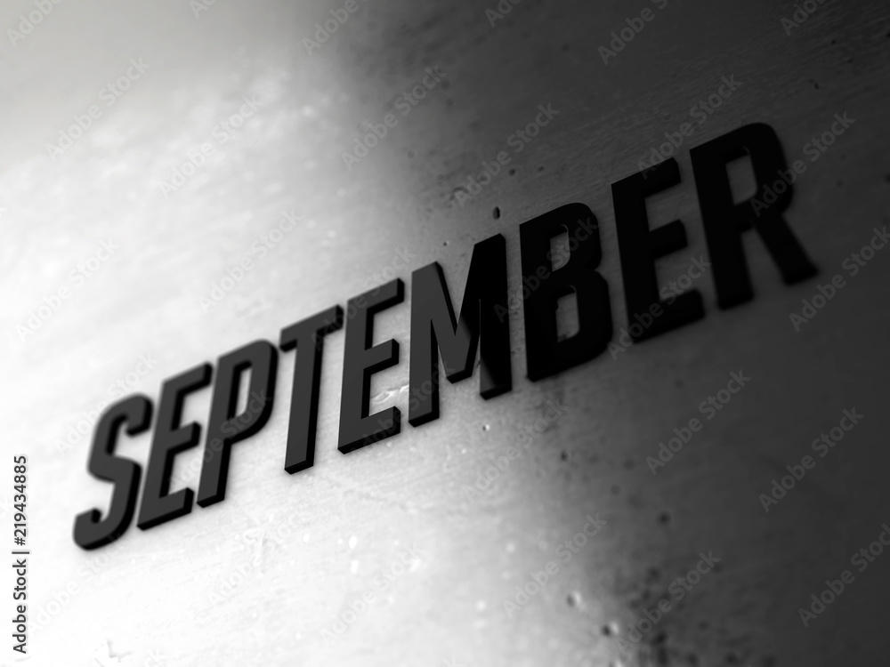 Poster september text word on metallic shiny background 3d rendered with depth of field