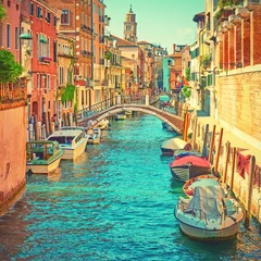 Foto op Aluminium Canal with moored motorboats in Venice © Roman Sigaev