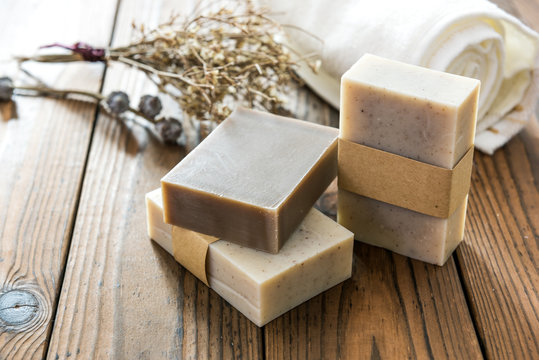 Handmade natural soap on wooden background