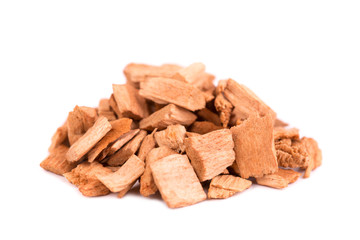 Heap of wooden chips on a white background