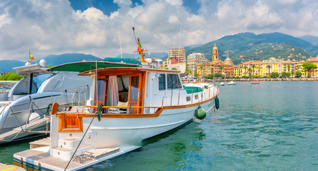 Naklejka premium boats are in the harbor of the spa marina