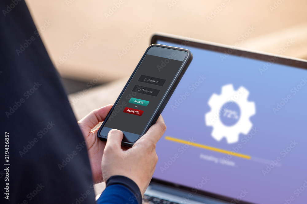 Poster sign in membership username password concept. hijab woman holding smartphone doing sign in on websit