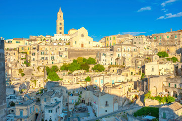 Obraz premium Panorama of the majestic medieval town of Matera on a beautiful sunset, Italy. Europe