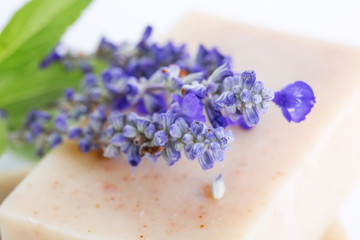 Closeup of handmade Soap. Handmade soap bars with lavender flowers