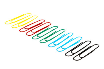 isolated colored paper clips on a white background