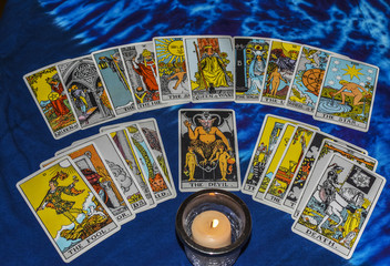 Tarot cards on deep blue background