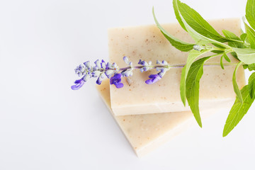 Handmade lavender soap on white background