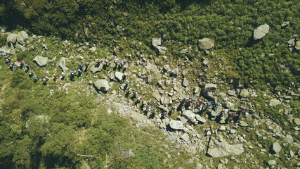 Top view hiker people traveling on background mountain river. Hiking mountain
