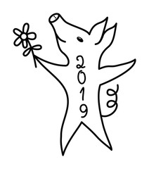 The pig is a symbol of 2019. Dancing piggy. Black and white. Colorful polygonal drawing.  Vector picture.
