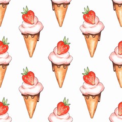 Ice cream and strawberries. Watercolor seamless pattern 