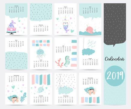 Cute blue monthly calendar 2019 with caticorn,mermaid,cake,coral,sea horse.Can be used for web,banner,poster,label and printable