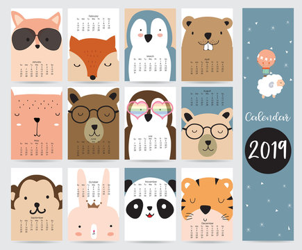 Cute monthly calendar 2019 with fox,bear,penguin,rabbit,tiger,panda,monkey,squirrel and glasses.Can be used for web,banner,poster,label and printable