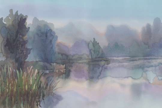 Misty lake landscape with clouds and horizon watercolor