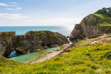 Limestone Foldings on Stair Hole Chalk Cliffs and Atlantic Ocean.