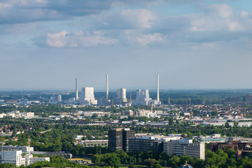 The aerial view of the area around Manheim city from above, with nuclear power plant in the...