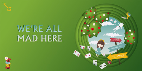 Wonderland fantastic landscape with white and red roses. Alice and the white rabbit in rabbit hole. Vector illustration(the characters in fantasy tales Alice in wonderland) cut paper background