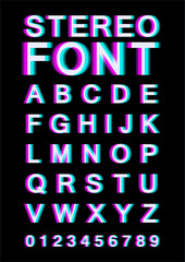 Font with stereoscopic effect. Alphabet. The letters with pink and blue color