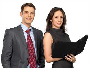 Friendly Coworkers Standing and Smiling, Businesswoman Holding