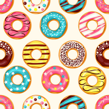 Seamless pattern. Pink donut, chocolate donut, lemon and blue mint donuts with different topping on black background