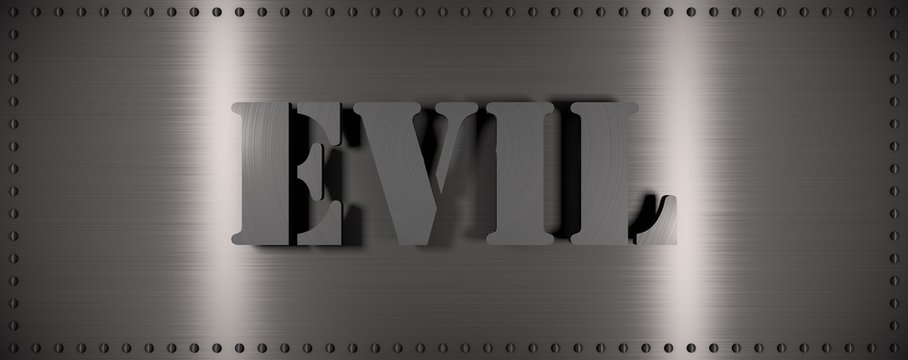 Brushed steel plate with rivets around it and the word "EVIL" , useful for many applications