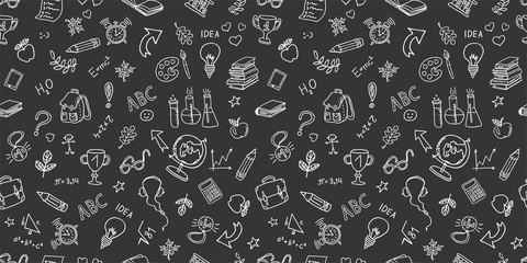 Back to school. hand drawn elements pattern on background of chalkboard. . Vector background, horizontal banner © svetlanasmirnova