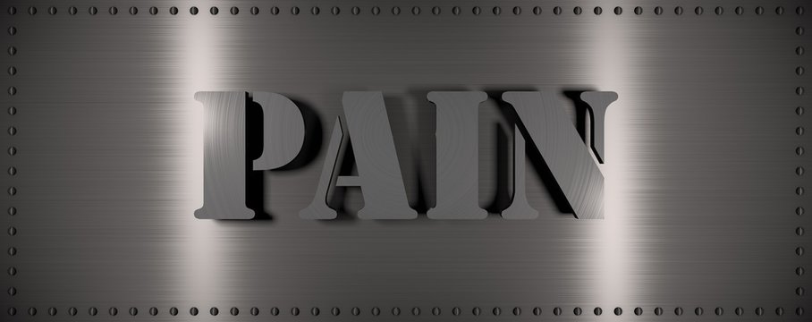 Brushed steel plate with rivets around it and the word "PAIN" , useful for many applications