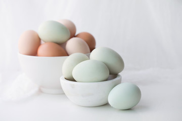 Photograph of blue eggs and tan eggs in white bowls