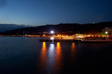 Obraz premium Night city with water. Quay lights