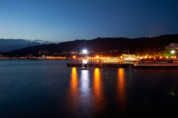 Obraz premium Night city with water. Quay lights