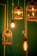 Bulbs Erickson suspended with the cells with the decoration bird. Yellow warm lamp light
