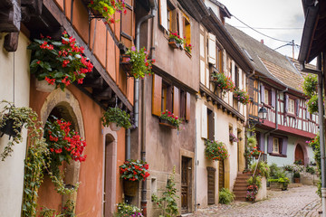 07/15/2018  Eguishem France. Colored half timbered houses in Eguishem Alsace France.