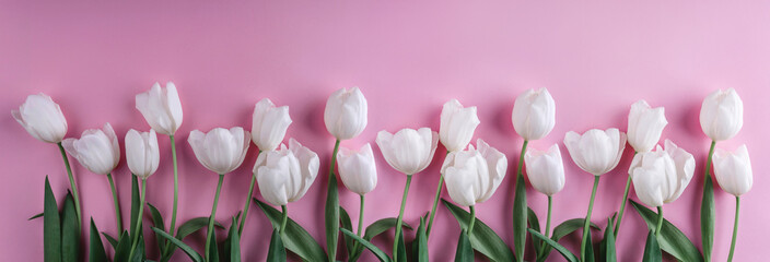 White tulips flowers over light pink background. Greeting card or wedding invitation. Flat lay, top view, copy space