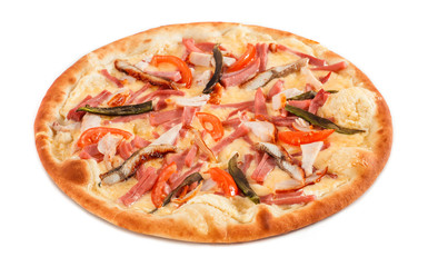 Pizza with fish eel, ham, pastrami and avocado isolated on white