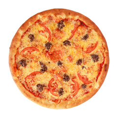 Pizza Vegetarian with tomatoes, red peppers and mushrooms isolated on white