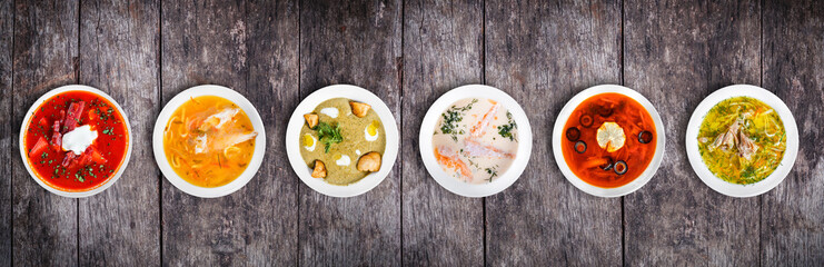 Naklejki  Zestaw zup z kuchni świata, zdrowa żywność. Zupa krem z grzybów, zupa rybna azjatycka, zupa z mięsem