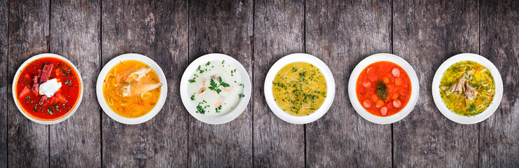 Set soepen uit wereldwijde keukens, gezonde voeding. Roomsoep met champignons, aziatische vissoep, soep met vlees