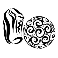 A ball with a pattern of spirals and a sports boot, a game of football