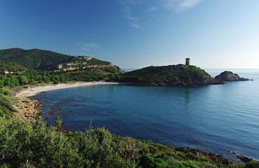 Genoese tower of Fautea beach in Corsica