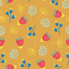 Muurstickers Scandinavian flowers seamless vector background. 1960s, 1970s retro floral fall autumn pattern. Yellow, red, and blue doodle vintage flowers on gold. Trendy art for fabric, paper, web banner, kids © StockArtRoom