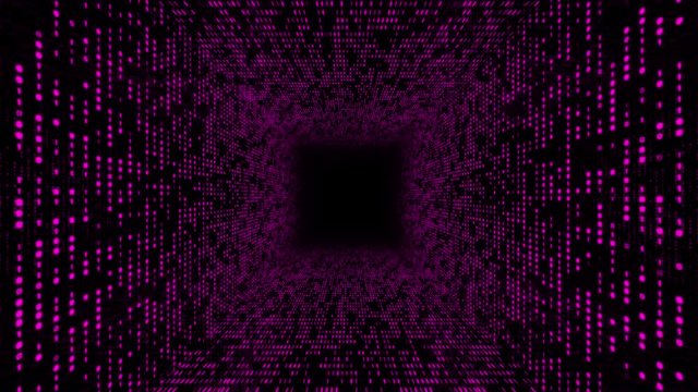 Abstract background with flying into digital tunnel from flickering particles, digits 0 and 1 as binary code and plexus of network. Animation of seamless loop.