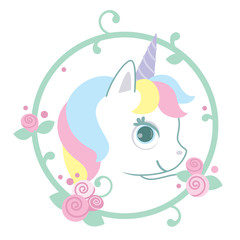 Adorable Baby Unicorn in a Circle Rose Wreath Design Light Colors Vector Illustration Isolated on White