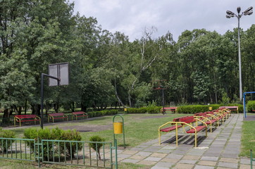 Basketball sport court or arena on day time with beach and basket hoop in the natural old West park, Sofia, Bulgaria  
