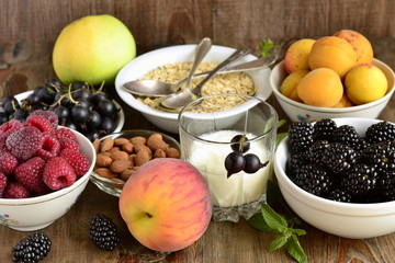 Cereals, almonds and various berries for breakfast, healthy nutrition
